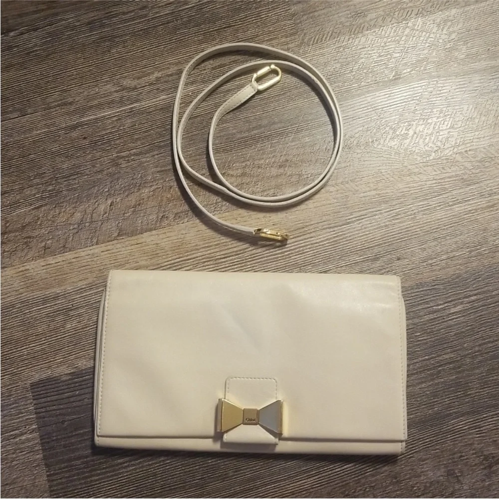 Chloé Chloe Gold Bow Cream Leather Clutch or Crossbody Bag